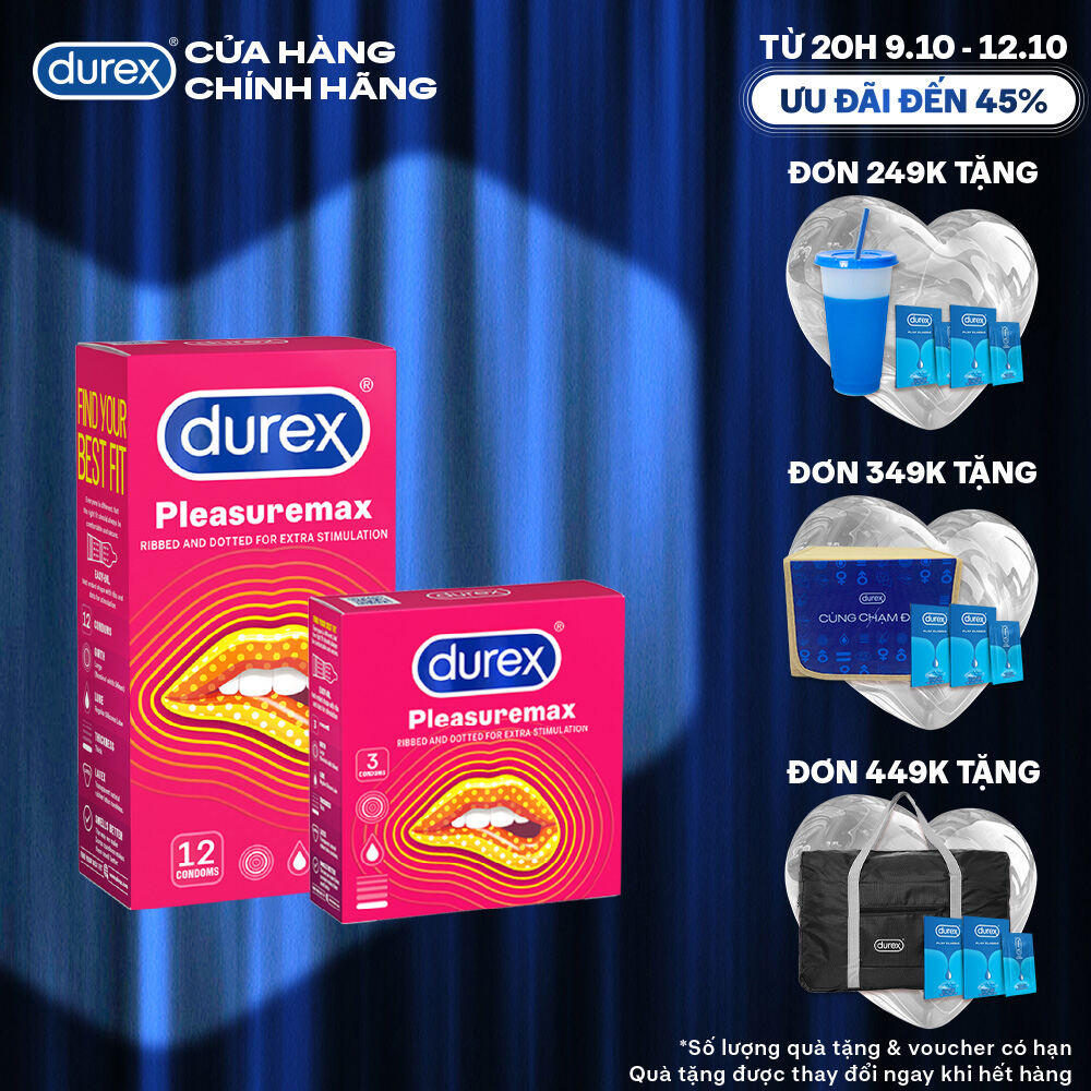 [TỪ 20H | 9-12.10 VOUCHER GIẢM THÊM 5%] Bộ bao cao su Durex Pleasuremax gân gai, size 56mm, 1 hộp 12 bao và 1 hộp 3 bao