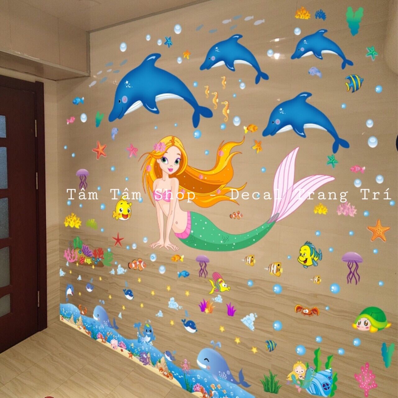 Combo 3 tấm decal dán tường nàng tiên cá đại dương