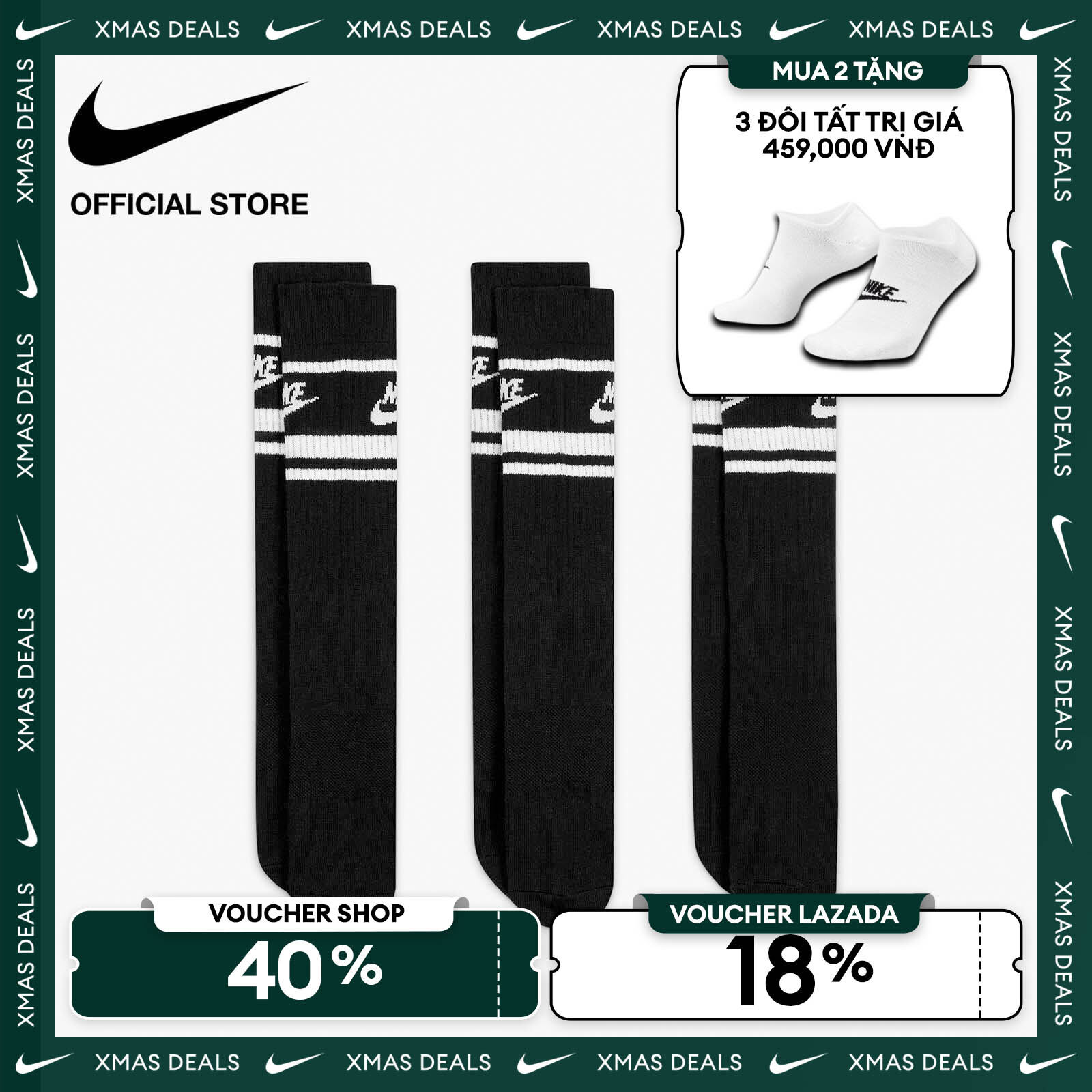   VOUCHER 40% + MUA 2 TẶNG VỚ  Tất Cổ Cao Nike Dri-FIT Sportswear Everyday Essential Crew Socks  3 Pairs  - Black 