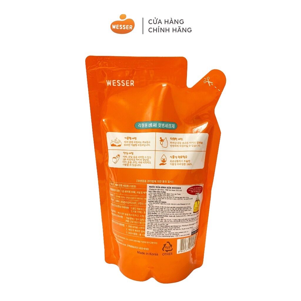{CHÍNH HÃNG, Mẫu mới} - Nước Rửa Bình Sữa Kháng Khuẩn 500ML Wesser (DẠNG BỊCH)
