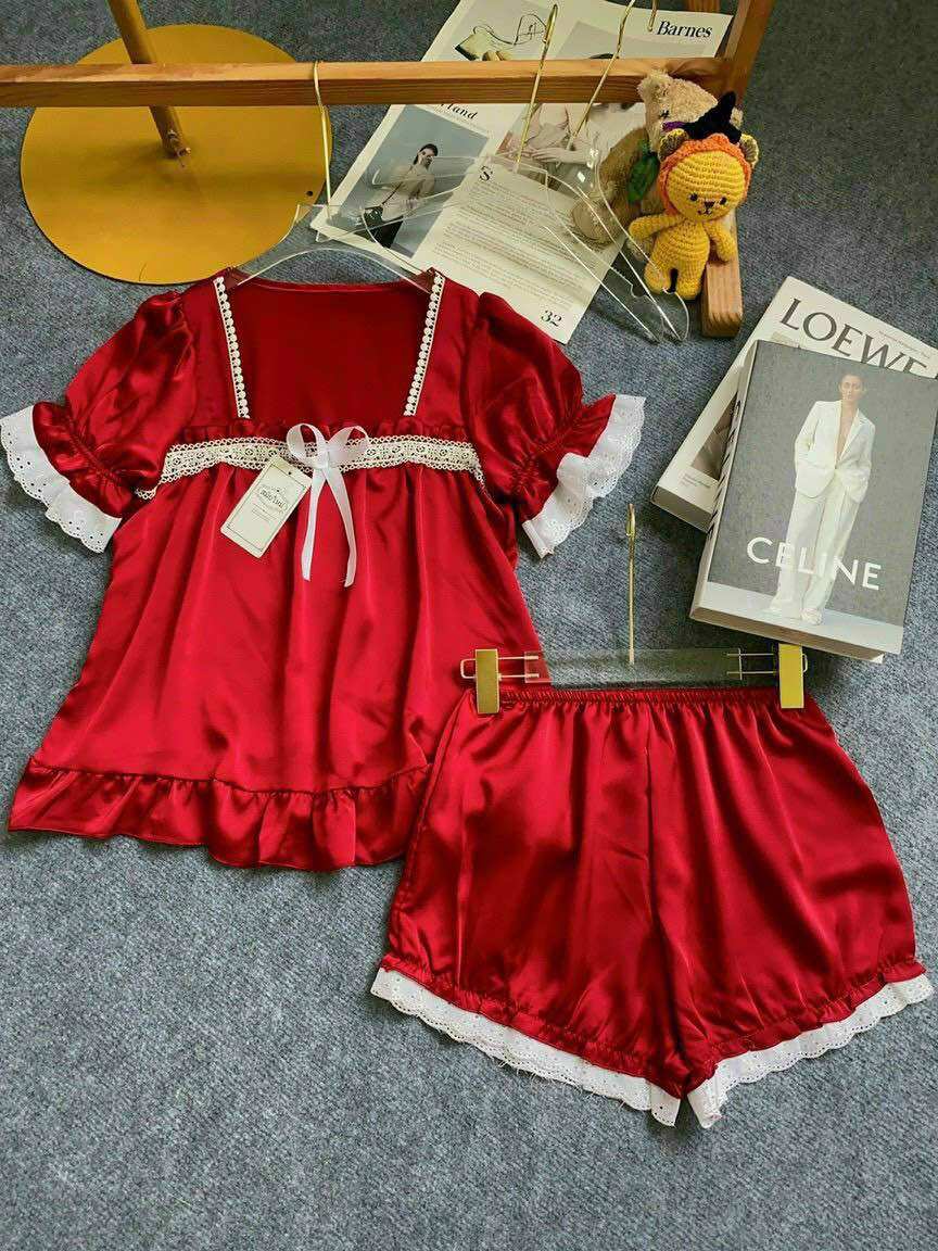 Đồ bộ tiểu thư phối ren chất satin lụa mặc nhà mát