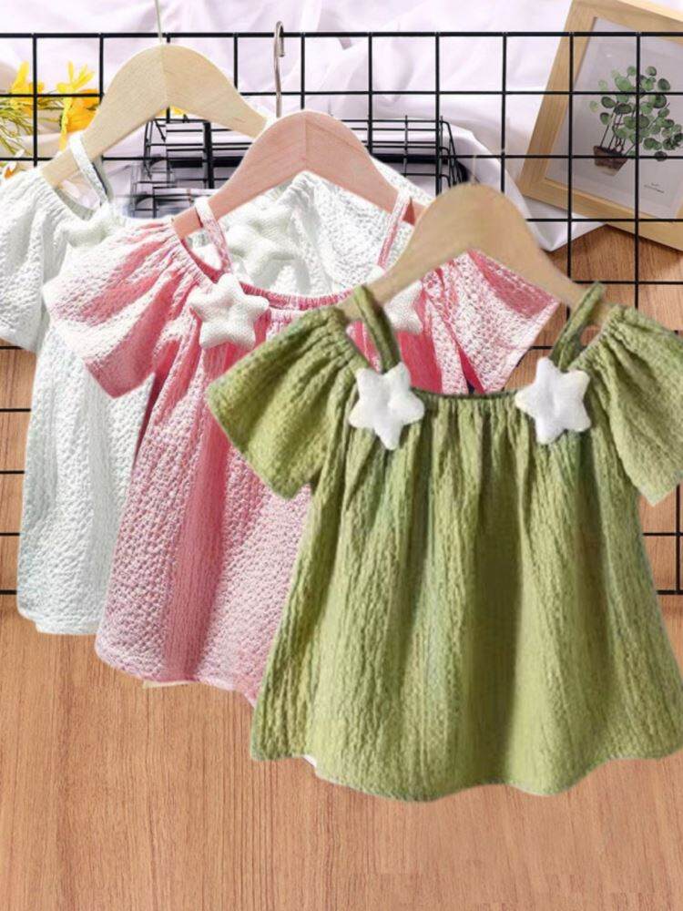 Áo Thun Tay Ngắn Mỏng Cho Bé Gái Mùa Hè 2024 Thời Trang Mới Thắt Nút Bướm Phong Cách Ngọt Ngào Thoáng Khí Cotton Polyester