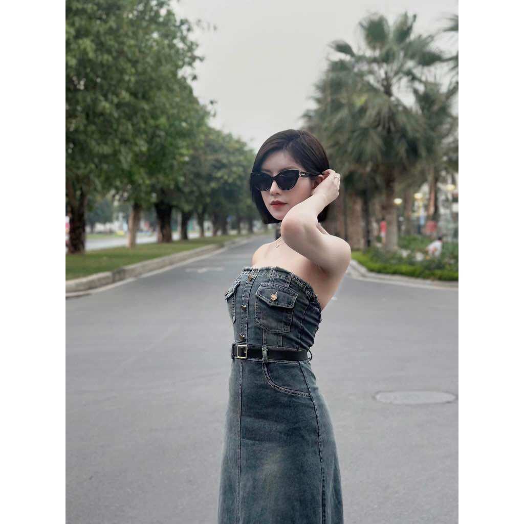 Đầm Jean ống đan dây lưng, Váy Bò xoè cá tính