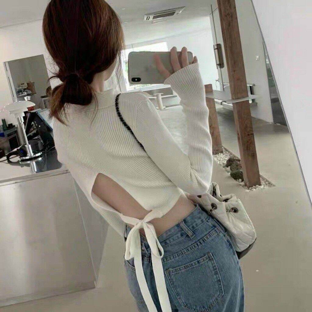 Áo croptop tay dài cột nơ sau lưng