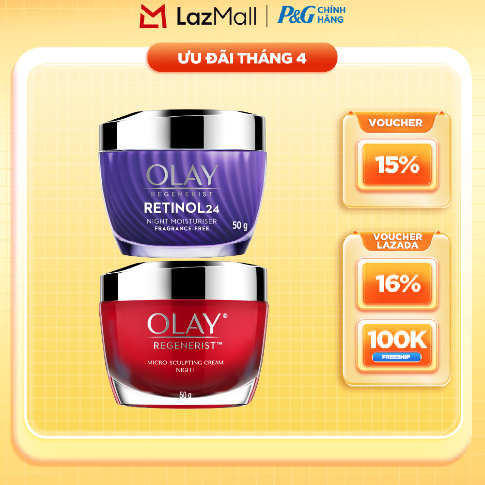 Combo Kem Dưỡng Ban Đêm OLAY REGENERIST Căng Mướt, Sáng Khỏe  Phục Hồi Dấu Hiệu Lão Hóa Hũ 50G + Kem Dưỡng Ban Đêm OLAY RETINOL24 Giúp Giữ Nét Tươi Trẻ Cho Da  Mờ Nếp Nhăn Hũ 50G
