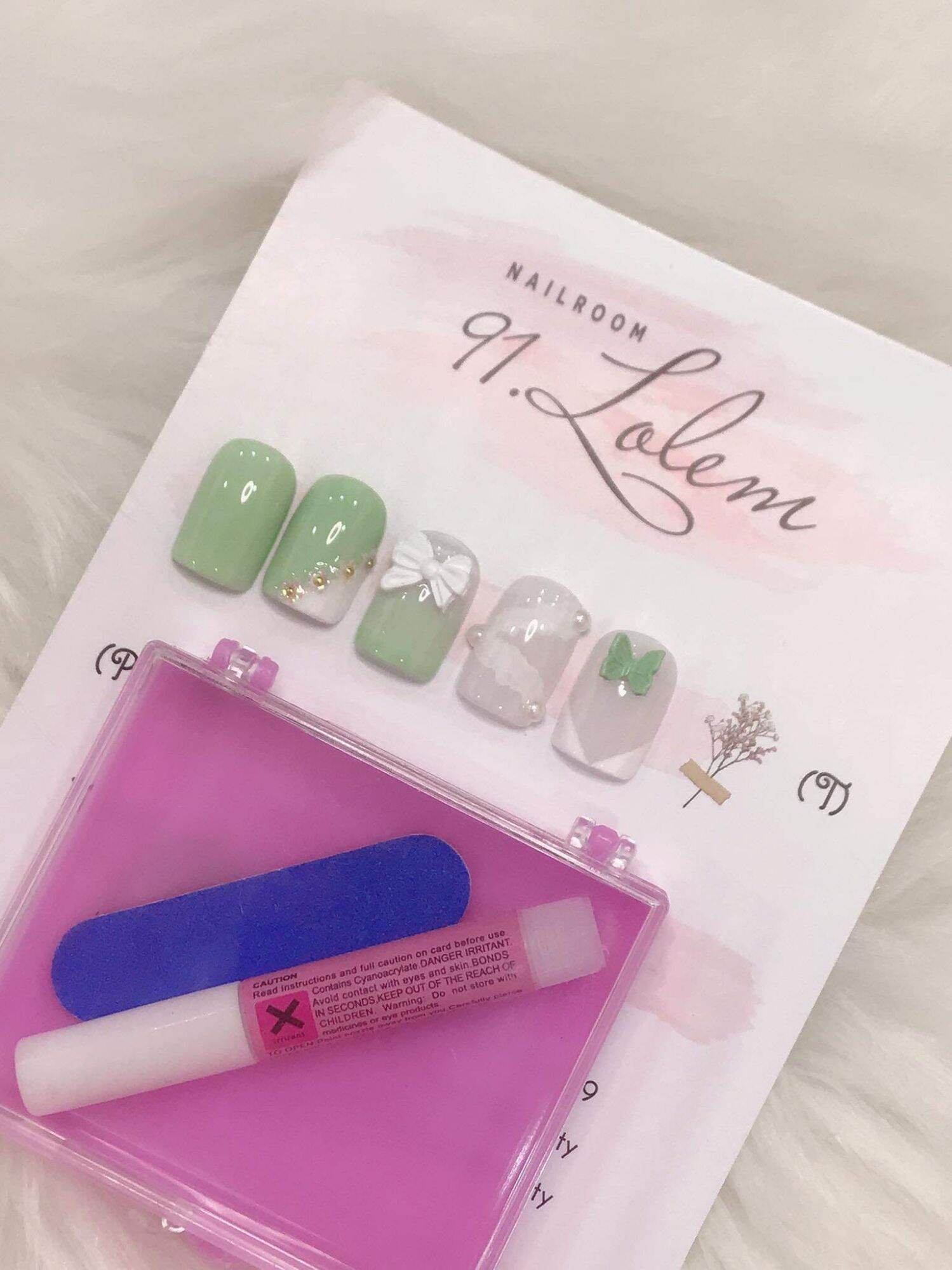Nailbox tone xanh đính charm nơ, mẫu chọn theo ý, đo theo size tay