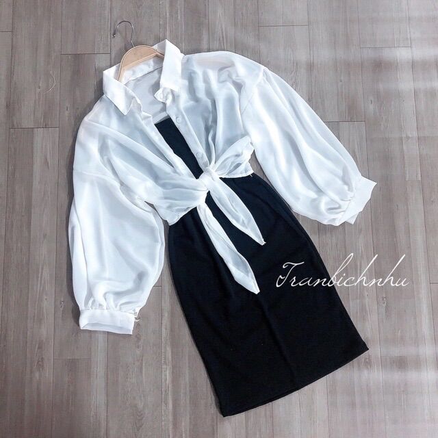 Áo sơ mi voan croptop mỏng cột eo
