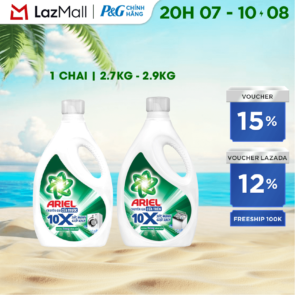 Nước Giặt Gel ARIEL 10X Sức Mạnh Giặt Sạch Chuyên Gia Cửa Trước/Cửa Trên Hương Downy Nắng Sớm Chai 2.7KG/2.9KG