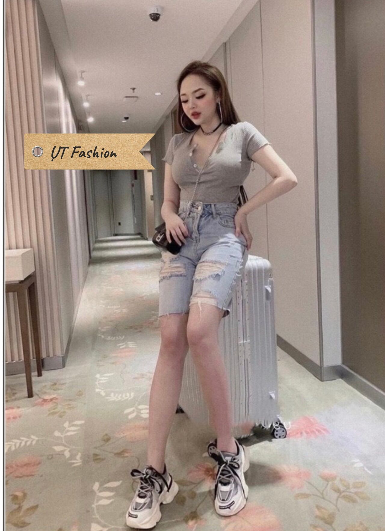 Quần jean short baggy nữ lai tua rách kiểu cạp cao fom nâng mông