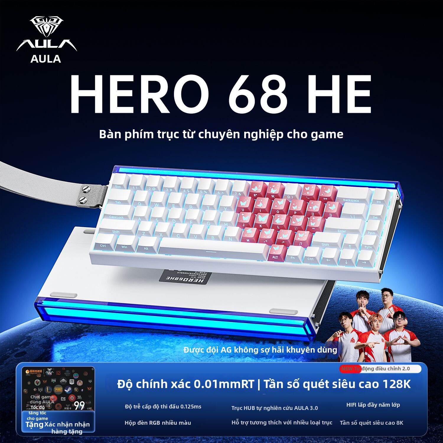 Bàn phím AULA HERO 68 HE cơ 75% từ tính chơi game RGB 128K rollover 0.01mmRT cho PC laptop văn phòng