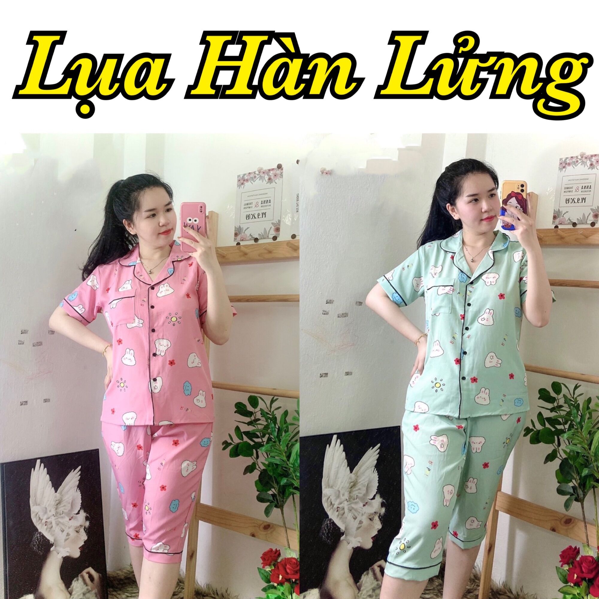 Đồ bộ pijama lụa hàn lửng đồ bộ ngủ đồ bộ mặc nhà _ tay ngắn quần lửng