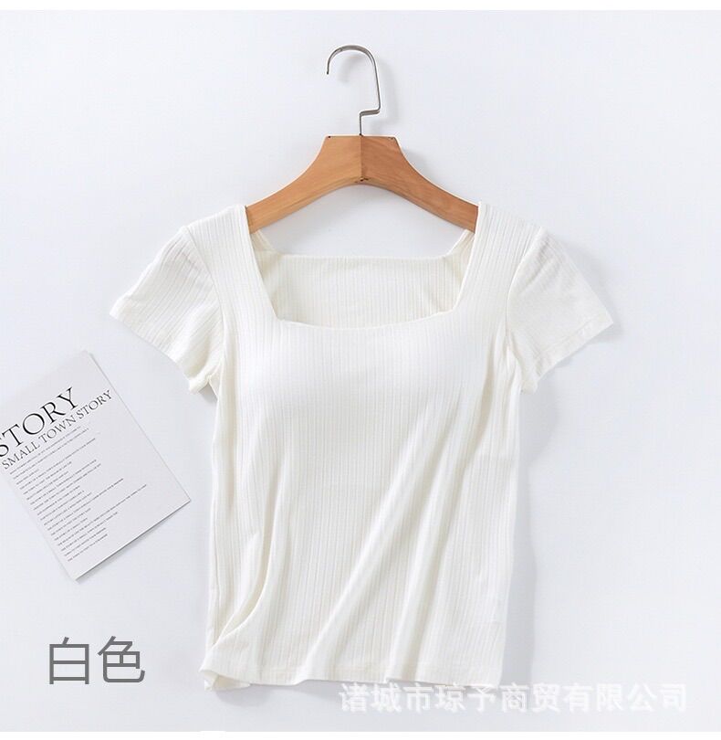 Áo thun cotton cổ vuông có lót ngực [ảnh thật]