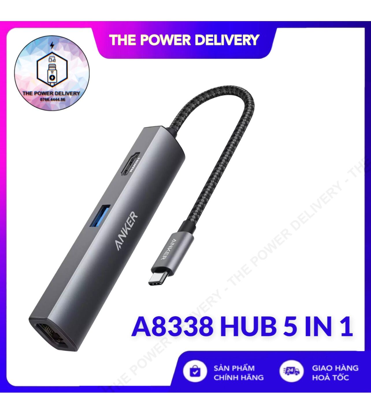 Bộ HUB chuyển đổi Type C Anker 533 PowerExpand+ 5 in 1 A8338 ,HDMI, RJ45