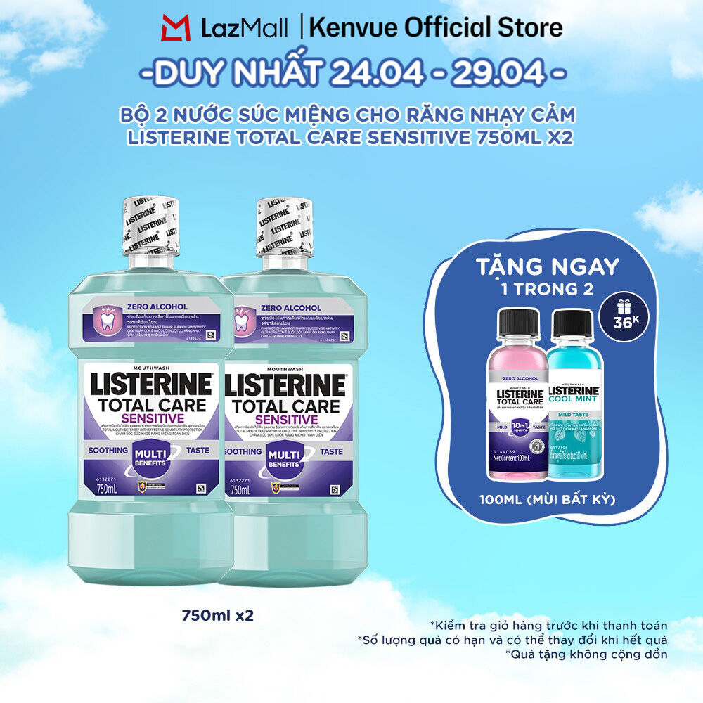 Bộ 2 Nước súc miệng cho răng nhạy cảm Listerine Total Care Sensitive Soothing Taste 750ml/chai