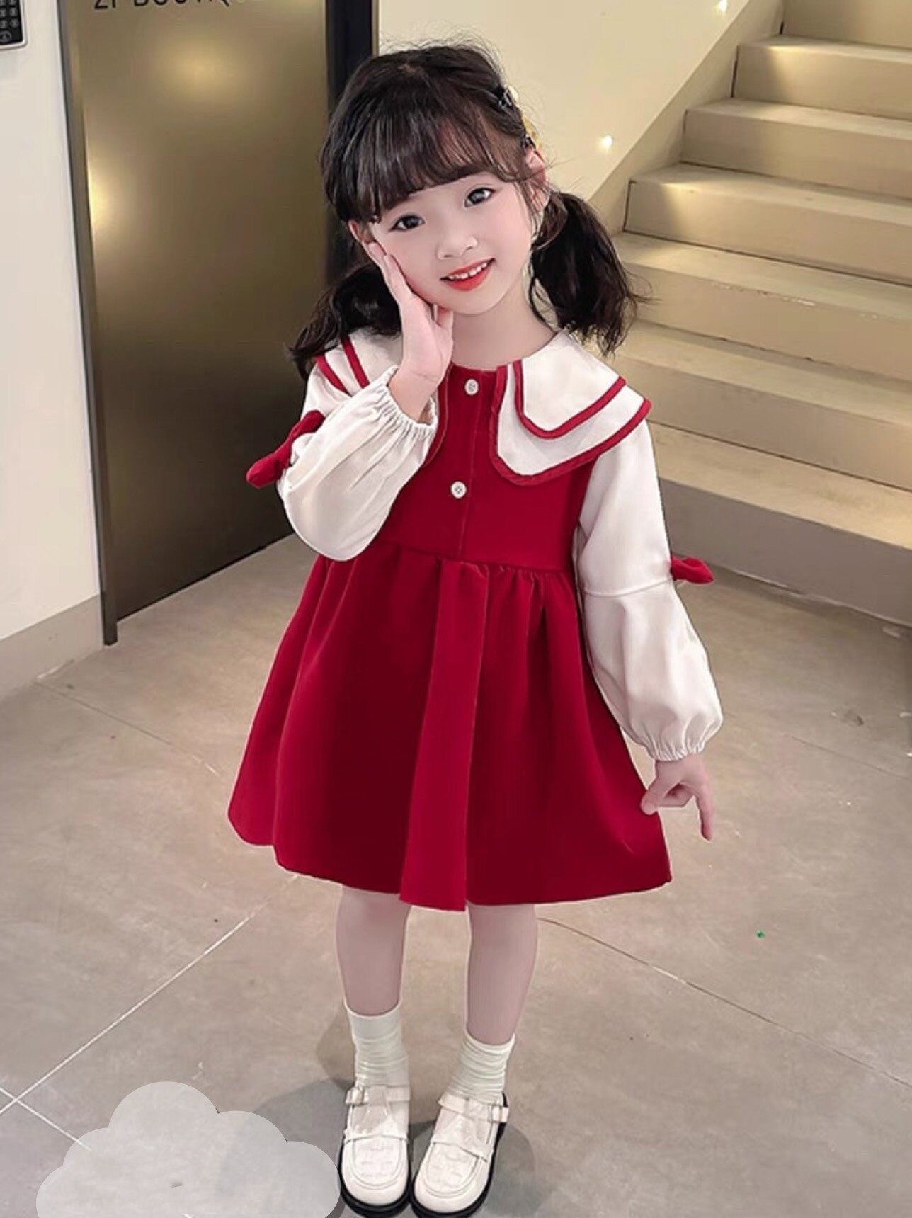 Váy (8_30kg) baby doll cổ viền kép tay bồng nơ xinh xắn bé gái