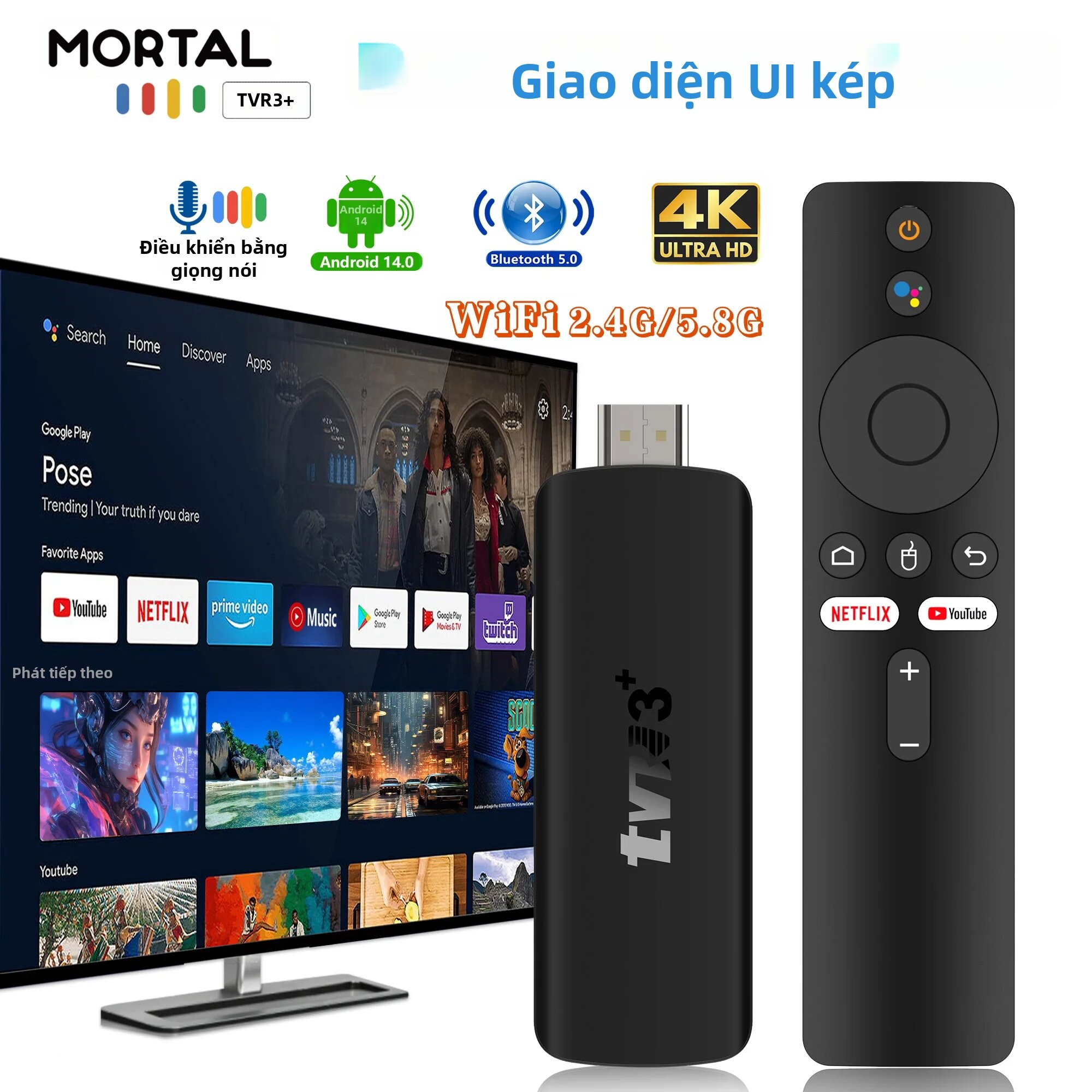TVR3+ TV Stick 8K HD WiFi Kép 2.4G/5G BT5.0 Android 14 RK3518 Media Player Với Giao Diện Người Dùng Kép 2GB 16GB