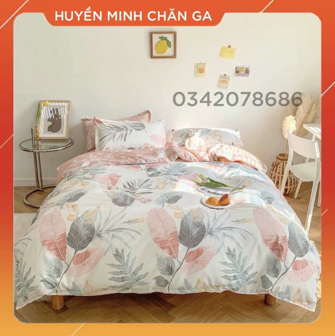 Bộ chăn ga gối poly cotton lá dong hồng - bộ chăn ga gối 5 món cao cấp
