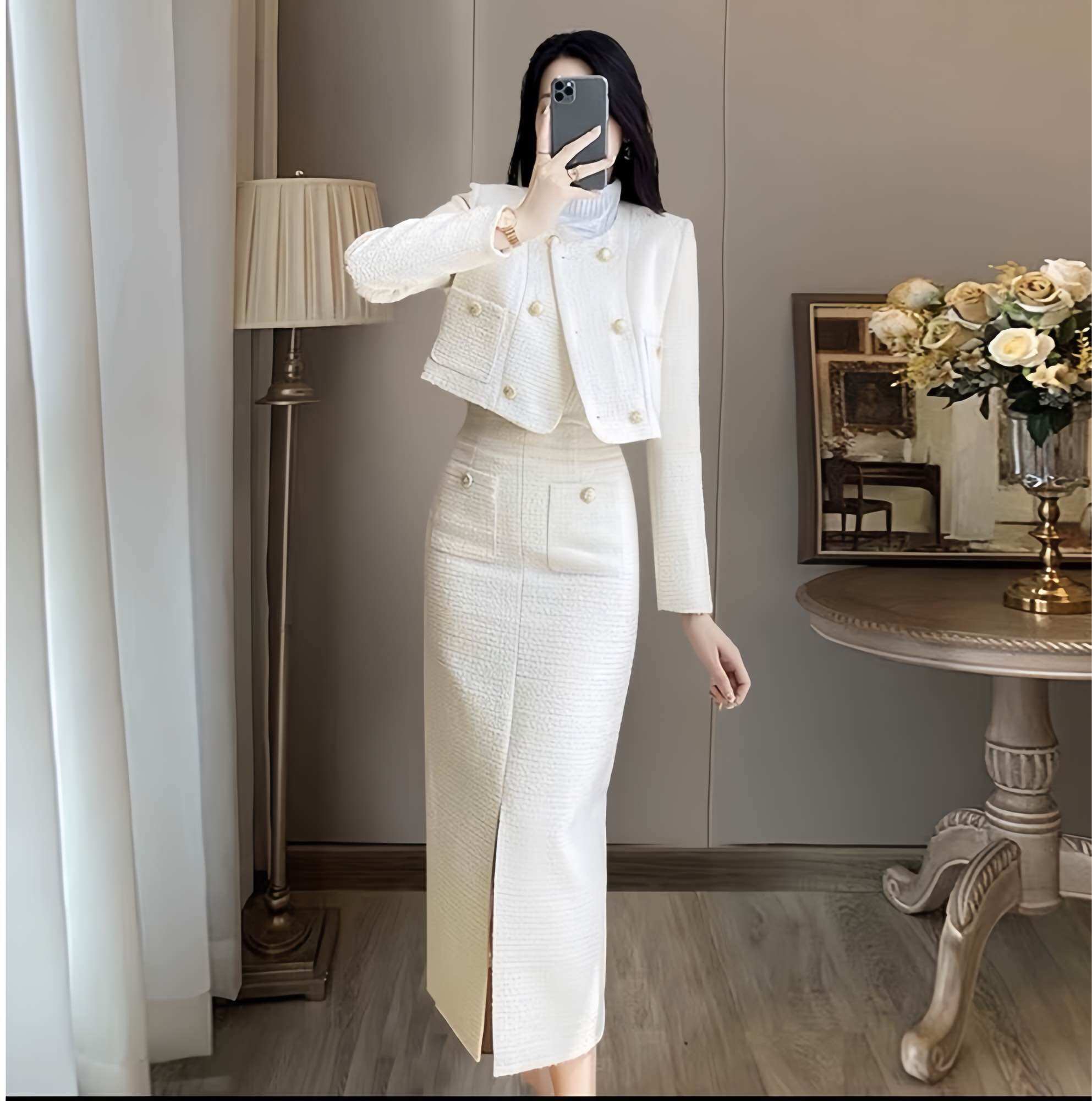 Sét Dạ Tweed Cao Cấp Siêu Hack Dáng, Áo Dáng Ngắn, Chân Váy Dạ Xẻ