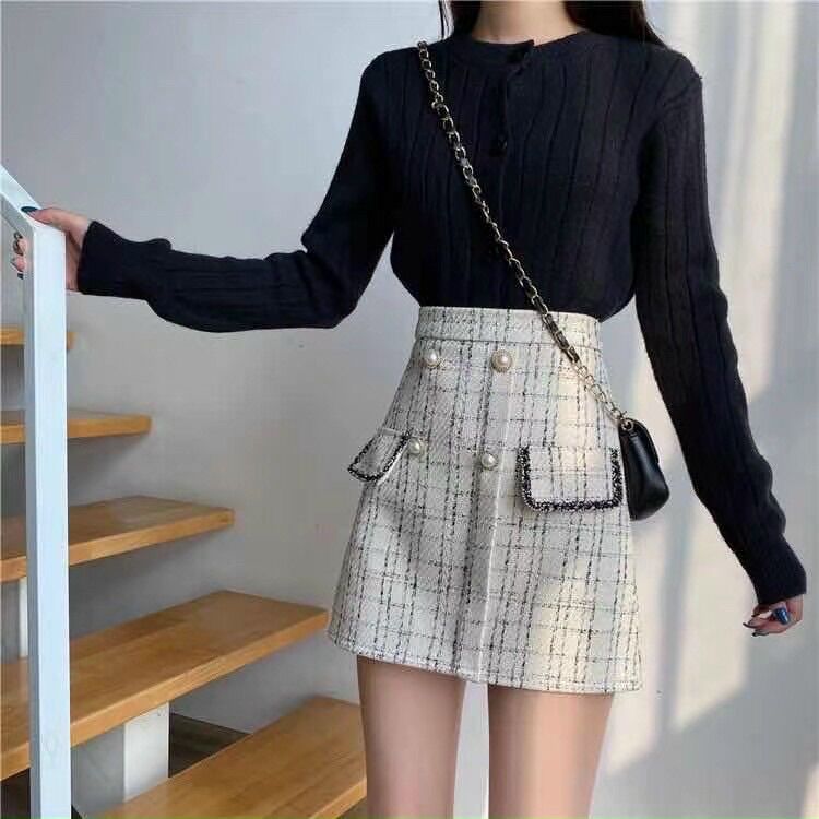 Chân váy Dạ Tweed 4 khuy túi nắp