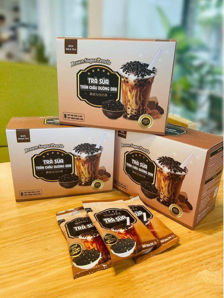 Trà sữa trân châu đường đen hộp to loại 8 tép trà sữa+ 8 tép trân châu