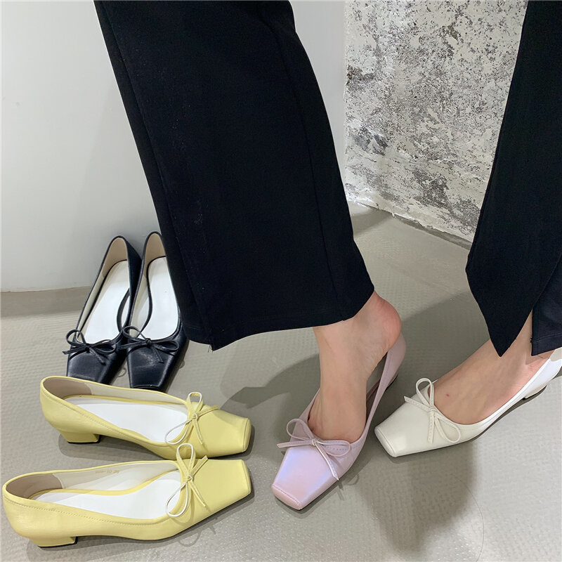 Giày Một Lớp Gót Vuông Dongdaemun Hàn Quốc Giày Cho Bà Miệng Nông Nơ Bướm Mũi Vuông Mẫu Mới Đầu Xuân 2022 Cho Nữ Giày Thuyền Dịu Dàng thumbnail