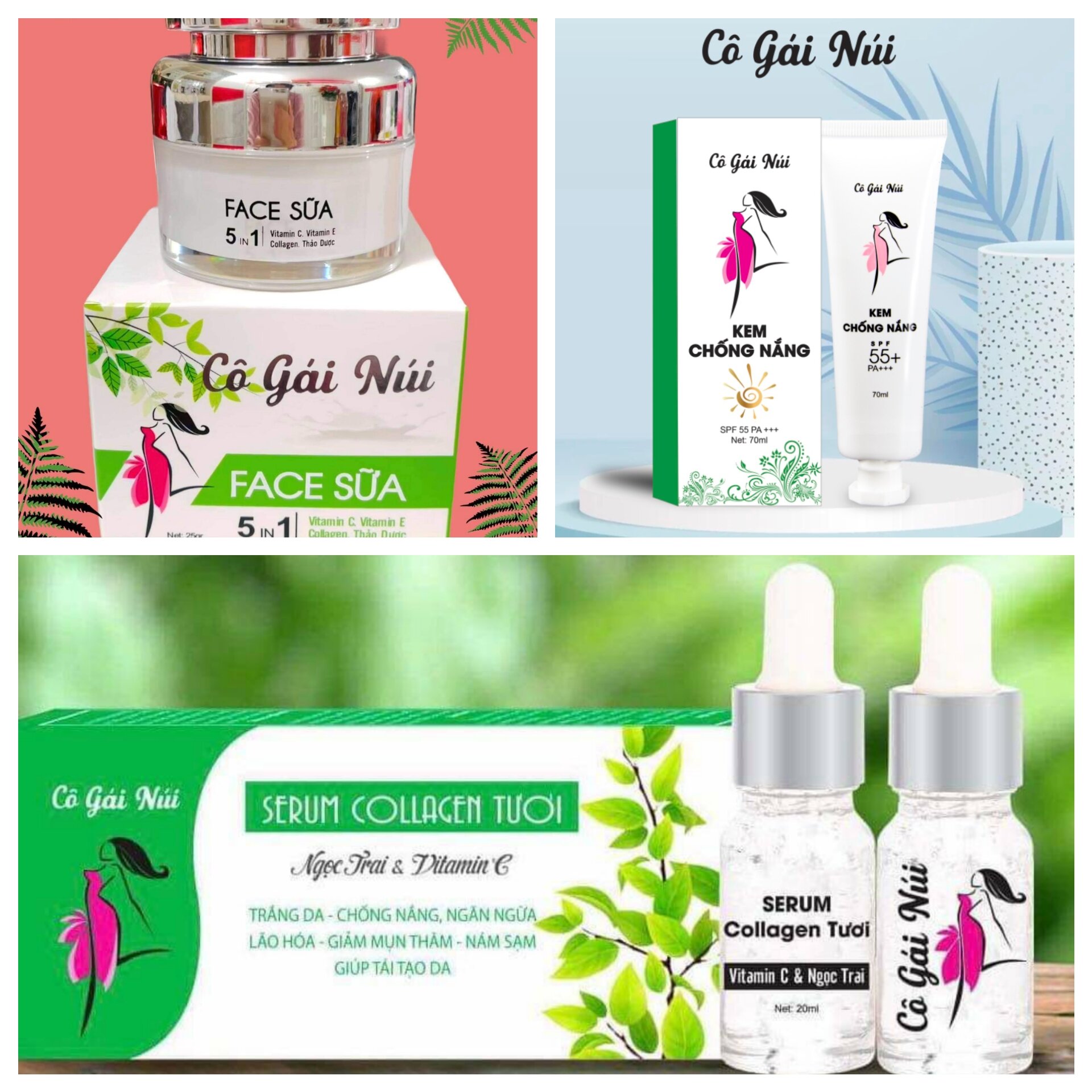 Bộ 3:  Kem FACE + Serum + Chống nắng CÔ GÁI NÚI (kem chống nắng nắp trắng)
