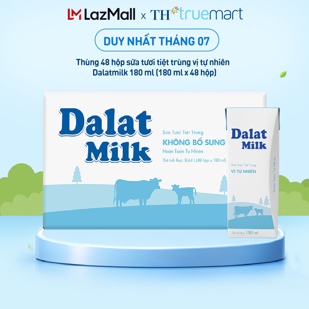 Thùng 48 hộp sữa tươi tiệt trùng Dalatmilk vị tự nhiên 180 ml (180 ml x 48)