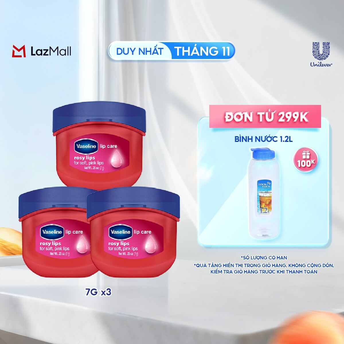 Combo 3 sáp dưỡng môi Vaseline hồng xinh 7g