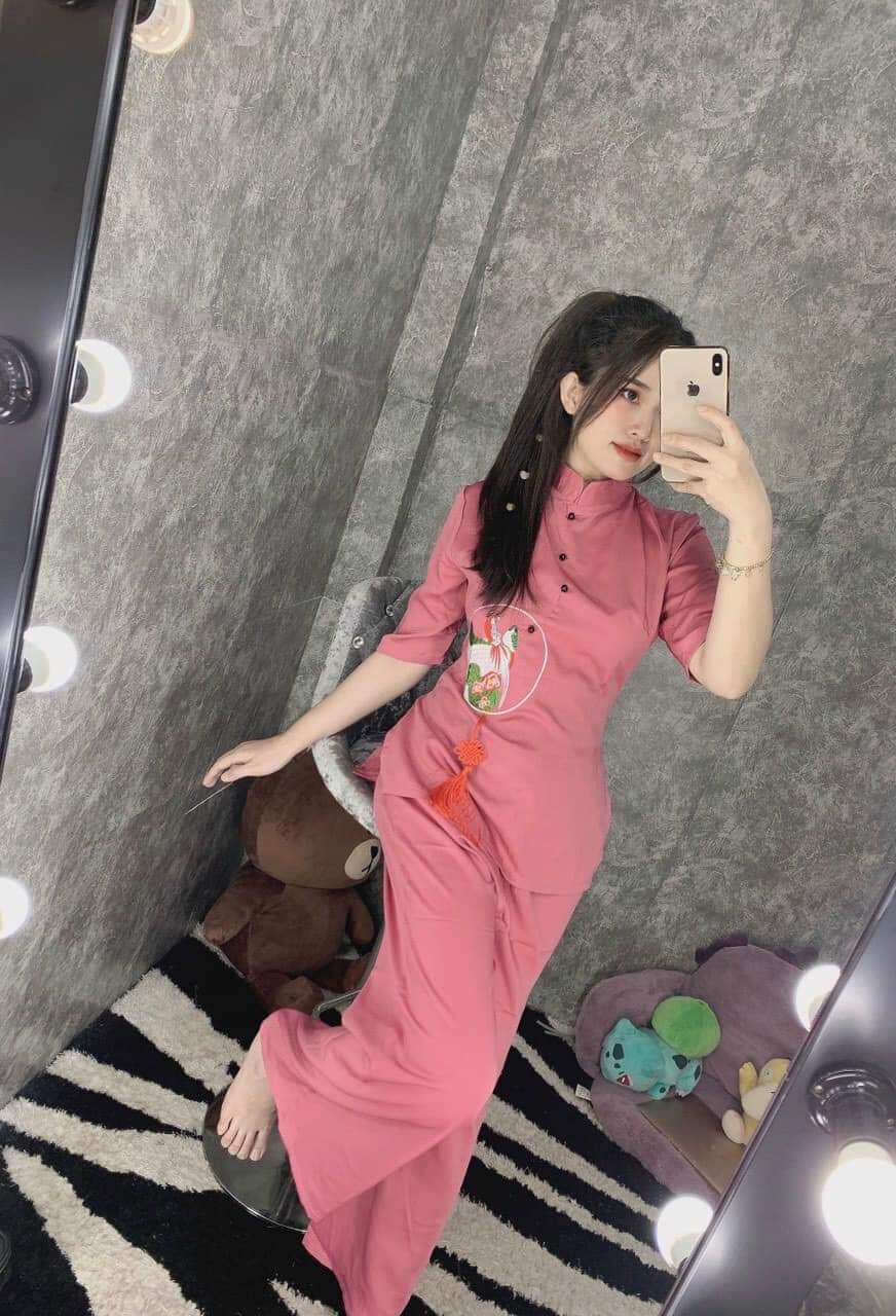Đồ lam đi chùa - mẫu nữ lua thêu ngọc bội cao cấp