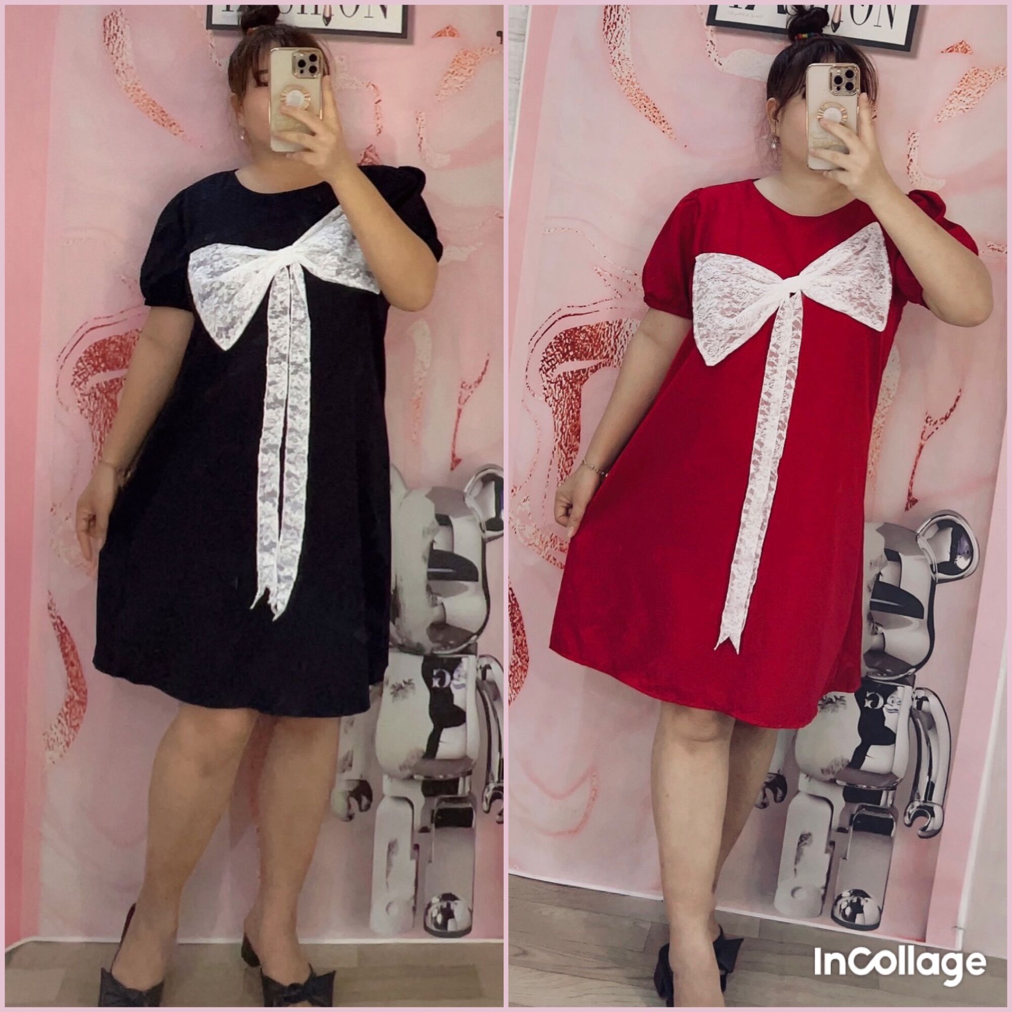 Đầm suông đính nơ ren Bigszie 60kg đến 95kg