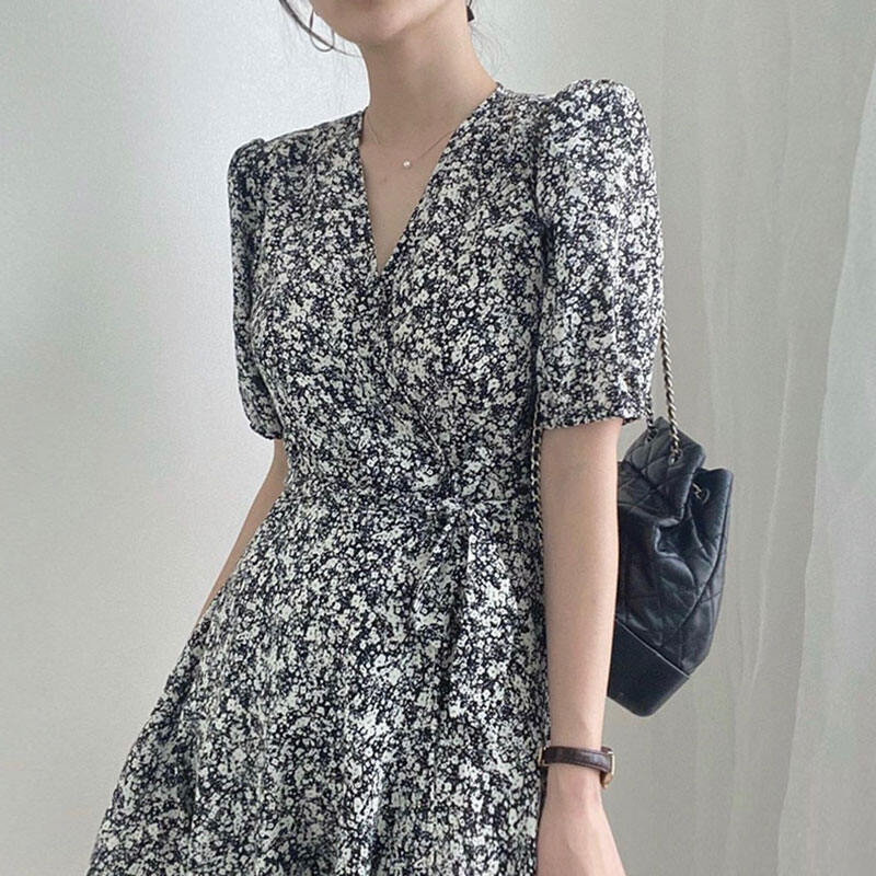 Váy Chữ a Mùa Hè Thanh Lịch Cổ Chữ V Thắt Lưng Thắt Eo Váy Chữ a Họa Tiết Hoa Tay Bồng Cạp Cao Váy Nữ