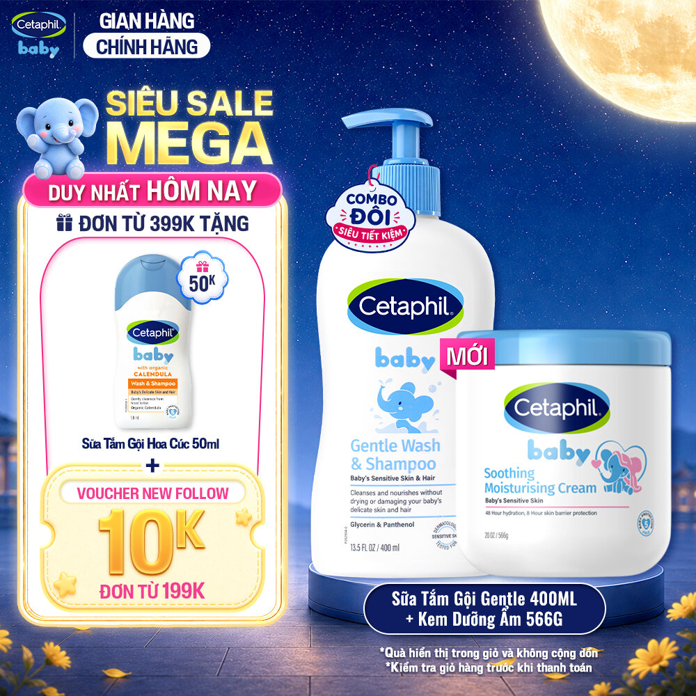 Combo Sữa tắm gội dịu lành cho bé CETAPHIL BABY GENTLE WASH  SHAMPOO 400ML  Kem làm dịu và dưỡng ẩm cho bé Cetaphil Baby Soothing  Moisturising Cream hũ 566g