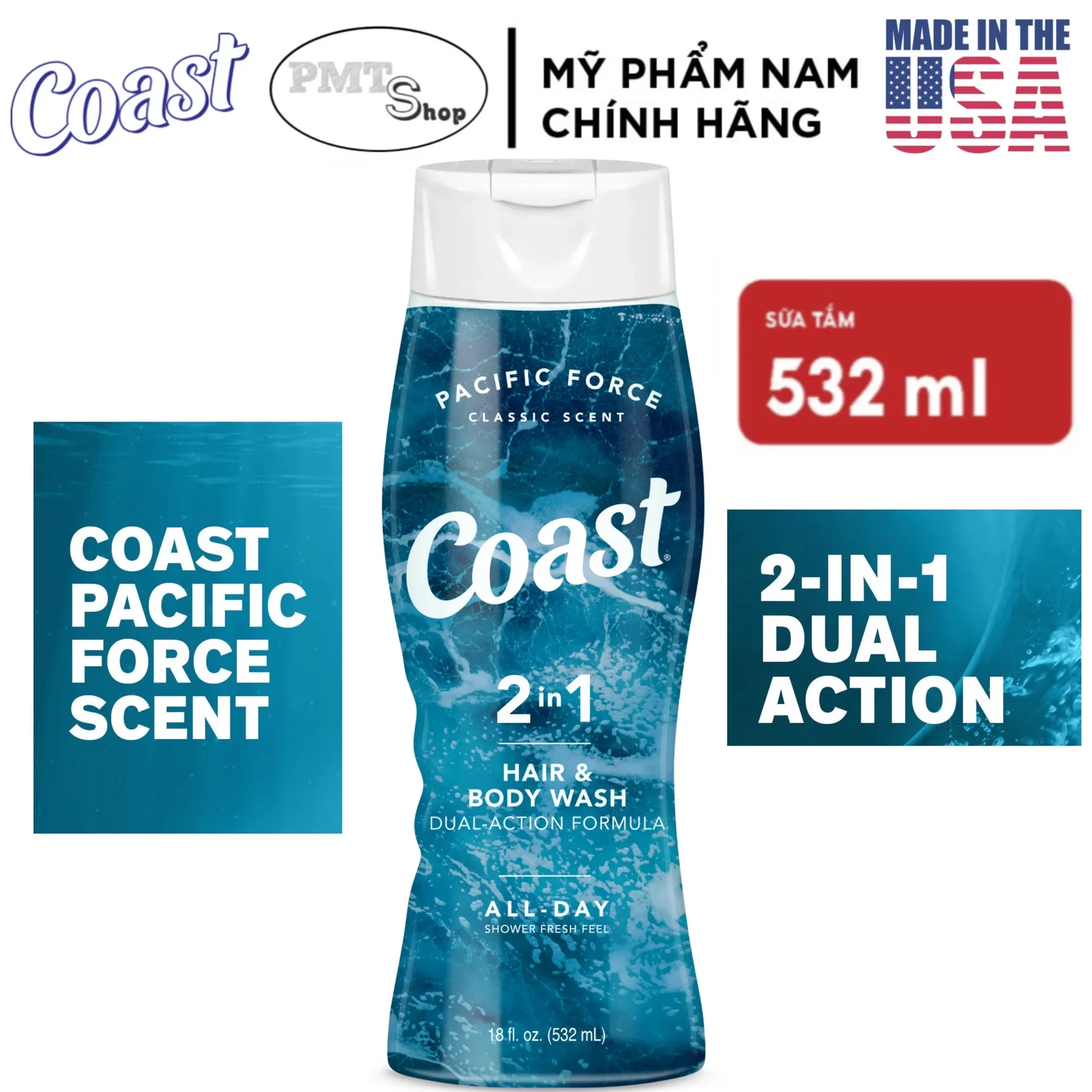 [USA] Dầu tắm gội nam 2in1 Coast Hair & Body Wash Classic Scent 532ml Pacific Force - Mỹ