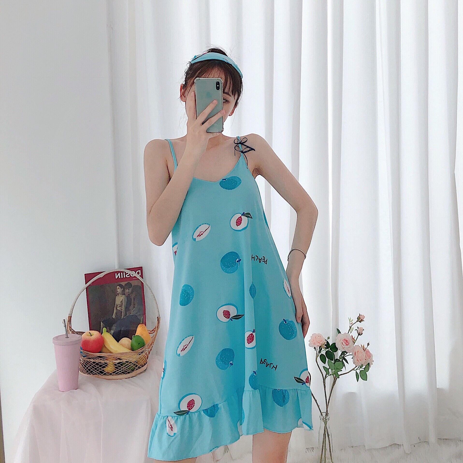 Đầm bầu ngủ mặc nhà 2 dây siêu mát
