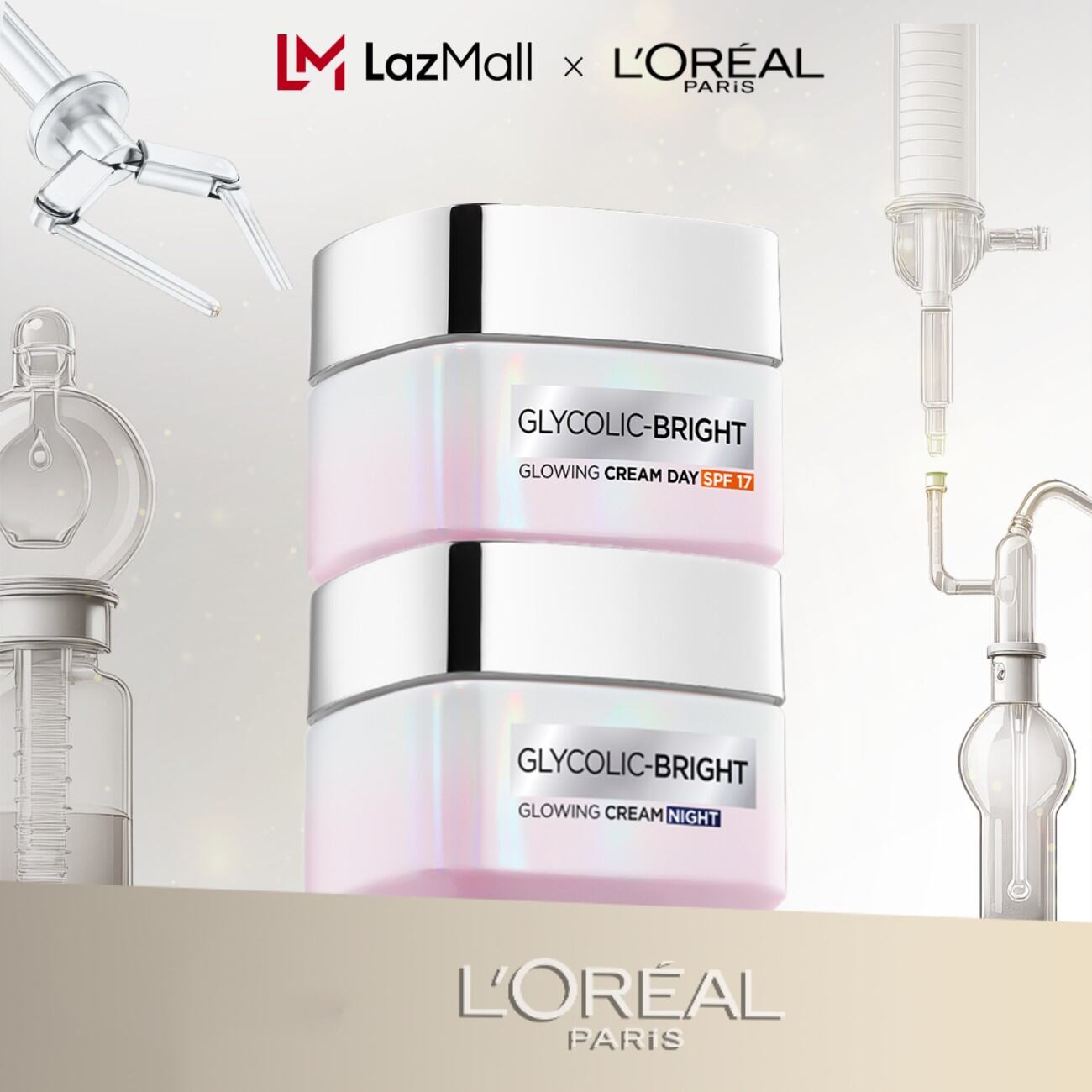 Bộ kem dưỡng ngày đêm sáng da mờ thâm nám L'Oreal Paris Glycolic (AHA) Bright SPF 30 50mlx2