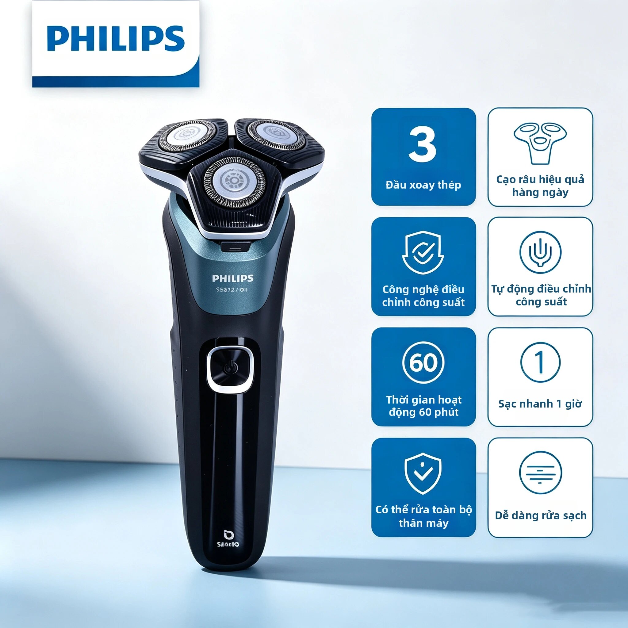 Philips | Máy Cạo Râu Điện Xoay Philips S5832 Dành Cho Nam, Sạc USB, Thời Gian Hoạt Động 60 Phút, Công Nghệ Điều Chỉnh Công Suất, Có Thể Rửa Toàn Thân.