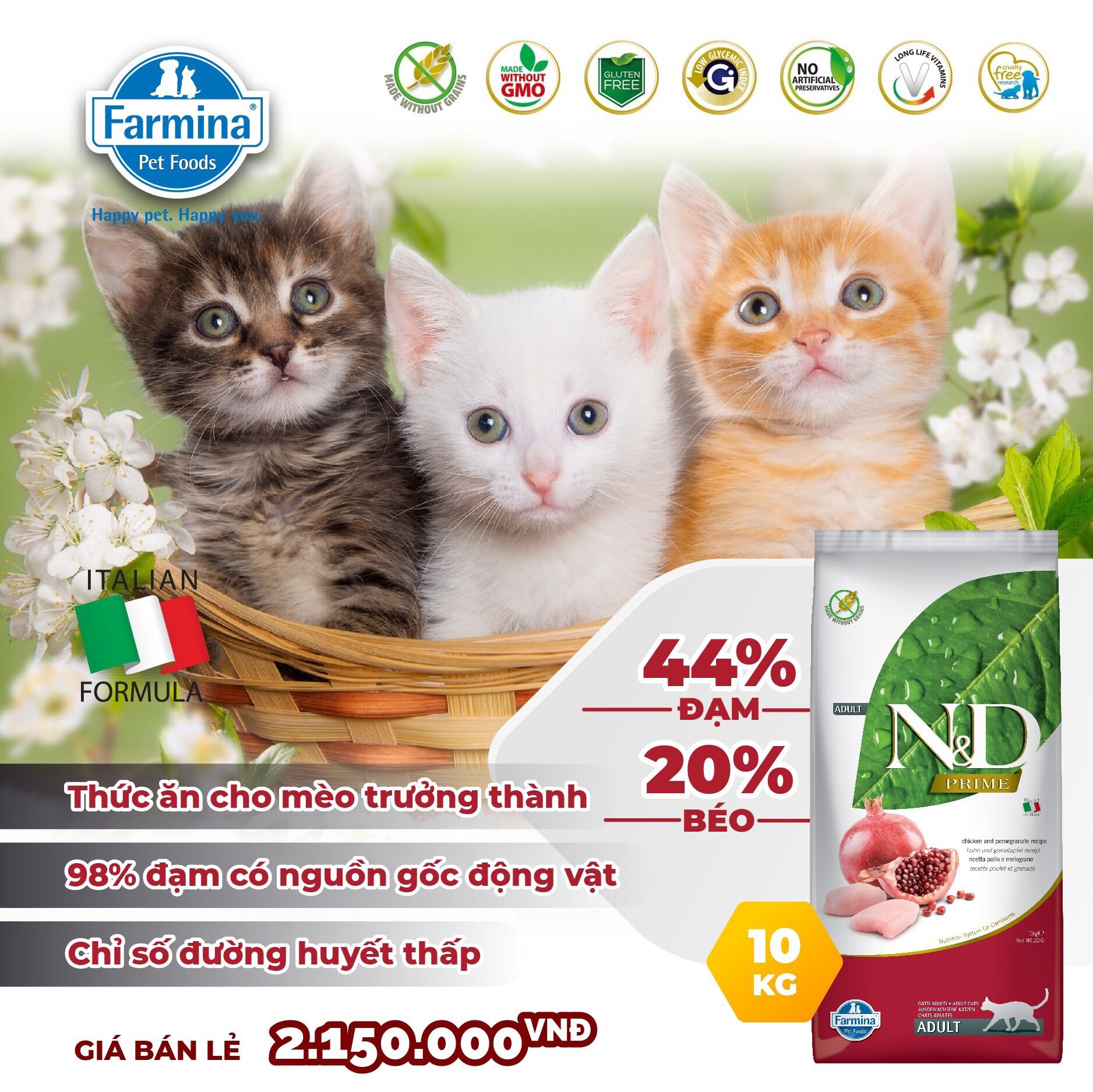 Hạt farmina n&d prime grain free gà-lựu cho mèo con túi 10kg