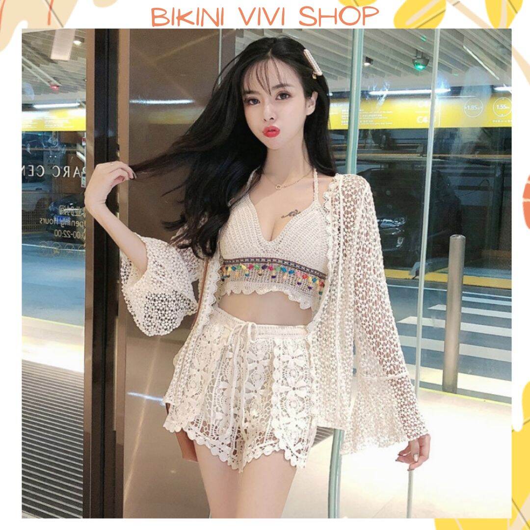 Bikini len đi biển nữ, set 3 món ren viền hạt hàng Quảng Châu cao cấp Vivi Shop