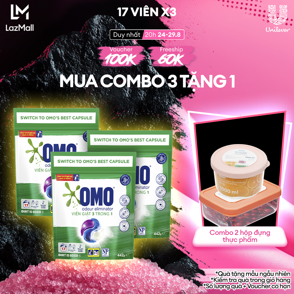 Combo 3 túi viên giặt tiện lợi OMO Khử Mùi với Công Nghệ Anh Quốc 3 trong 1, túi 17 viên