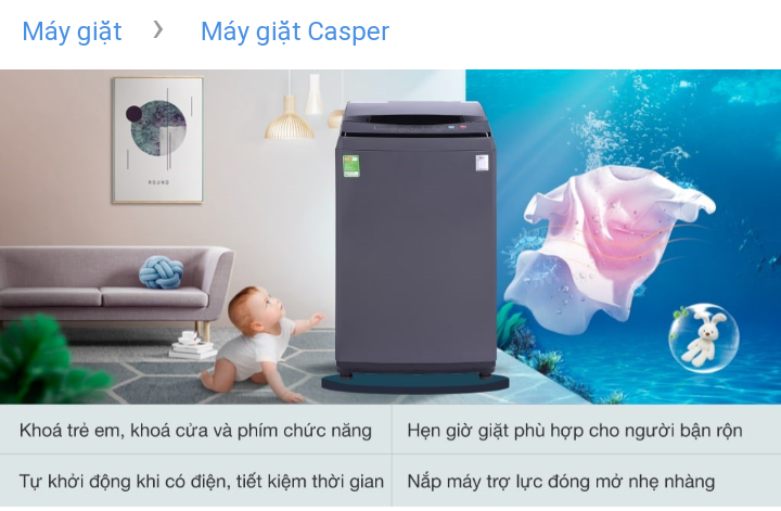 Máy giặt Casper WT-85N68BGA 8.5 kg - Cửa trên, Xám, Thái Lan
