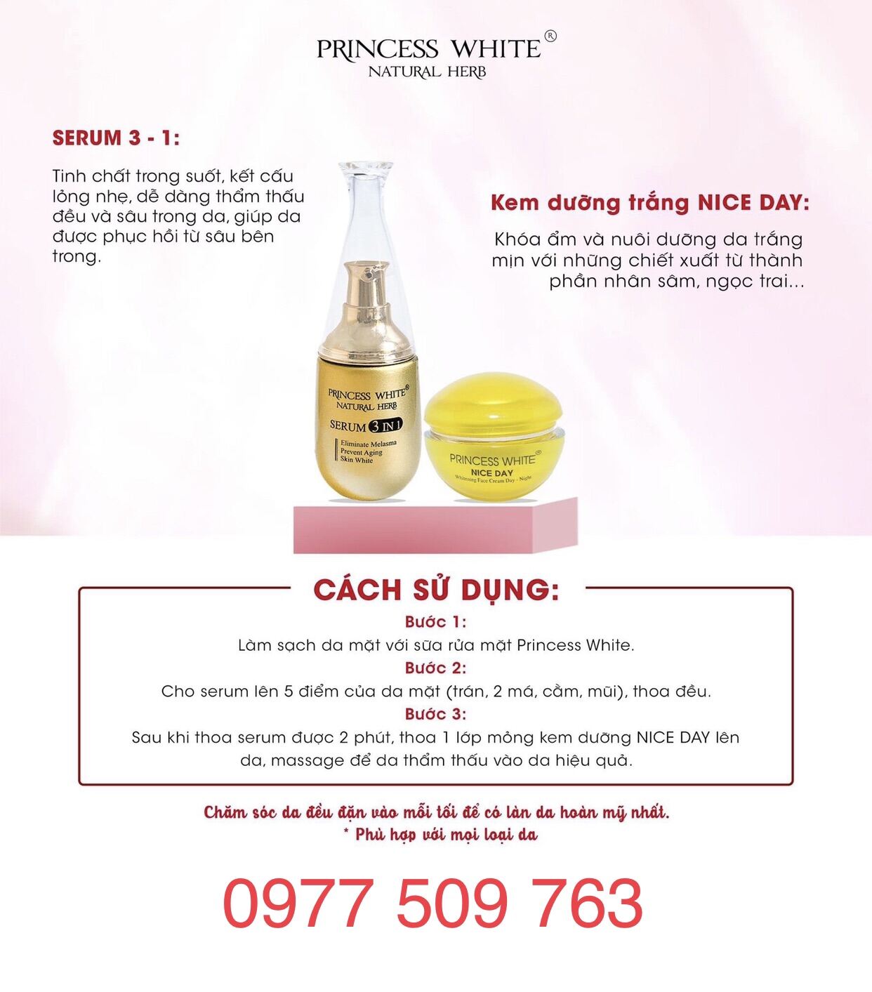 Kem Nice Day 22Gr + Serum Princess White 3In1 40Ml Dưỡng Trắng Da Giữ Ẩm Se Khít Chân Lông