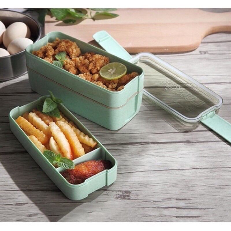 Hộp cơm 3 tầng lúa mạch kèm thìa,dĩa