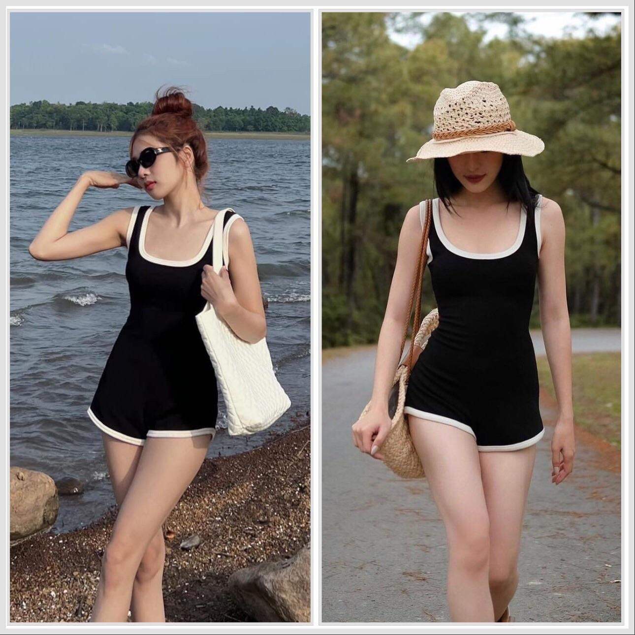 JUMPSUIT BASIC ĐEN VIỀN TRẮNG CÓ MÚT NGỰC SIÊU HACK DÁNG