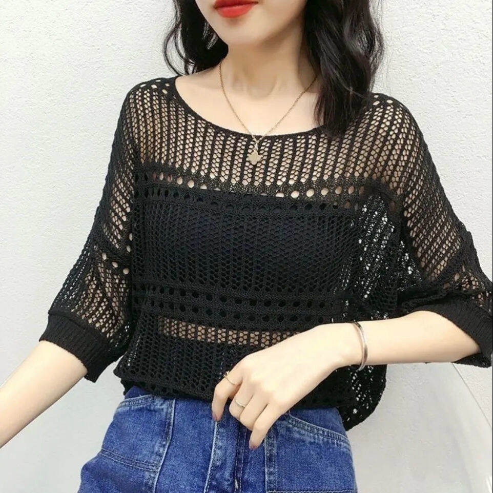 Áo Dệt Kim Ngắn Mùa Hè A23d22 Áo Sơ Mi Rỗng Rộng Mỏng Cho Nữ Áo Phông Tay Mẫu Mới Mùa Hè 02 Áo Kim Rỗng