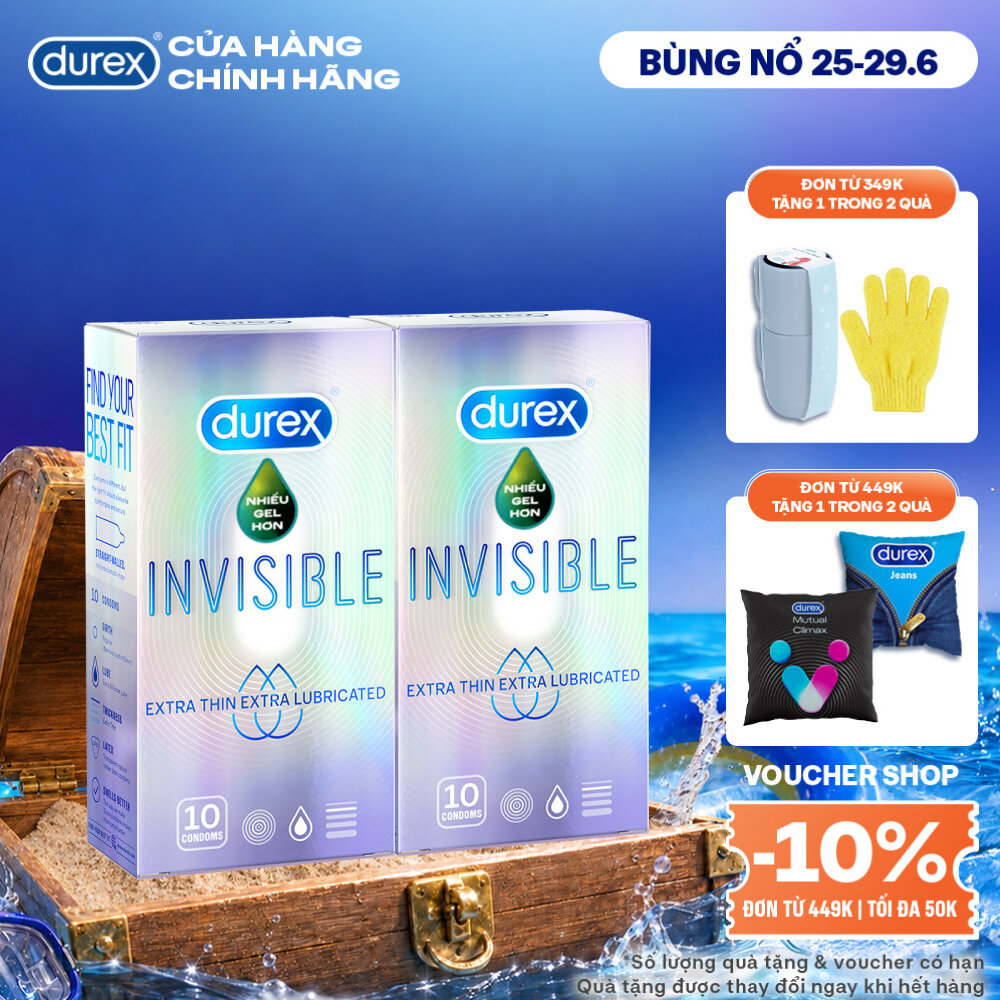 Bộ 2 hộp bao cao su Durex Invisible Lubricated siêu mỏng, bôi trơn (size 52mm, 10 bao/hộp)
