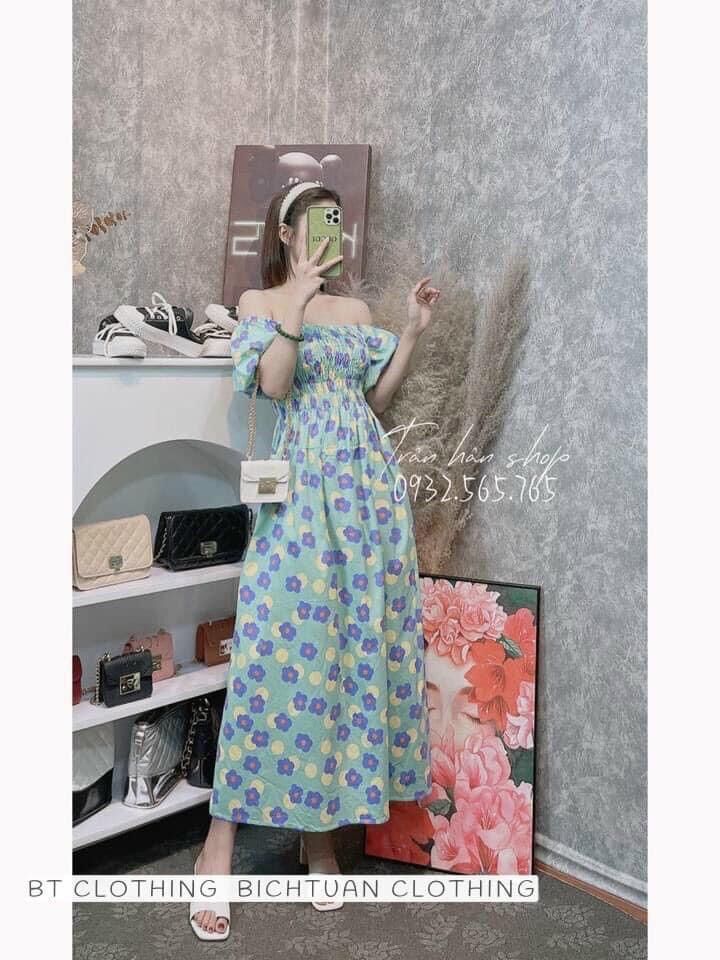 Đầm bầu hoa đi biển maxi hở vai dễ thương