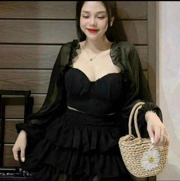 sét bộ voan kiểu vai trễ bèo croptop