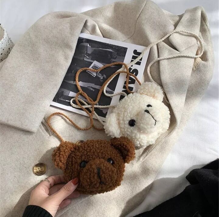 Túi đeo cho bé gái bằng lông cừu hình gấu bông dễ thương