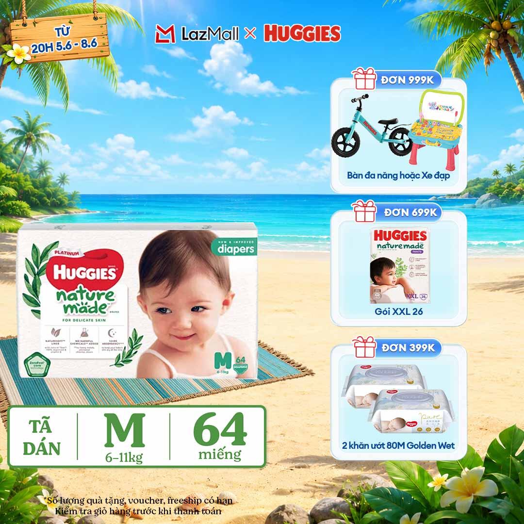 [CHỈ 9-10.6 QUÀ TẶNG ĐƠN 399K](Mua 1 tặng 1)  Tã/Bỉm dán HUGGIES PLATINUM NatureMade M64 (6-11kg)-Gói Jumbo 64 miếng
