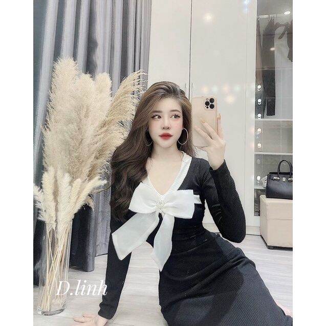 váy len tăm dài cổ tim có nơ,đầm nơ dáng dài